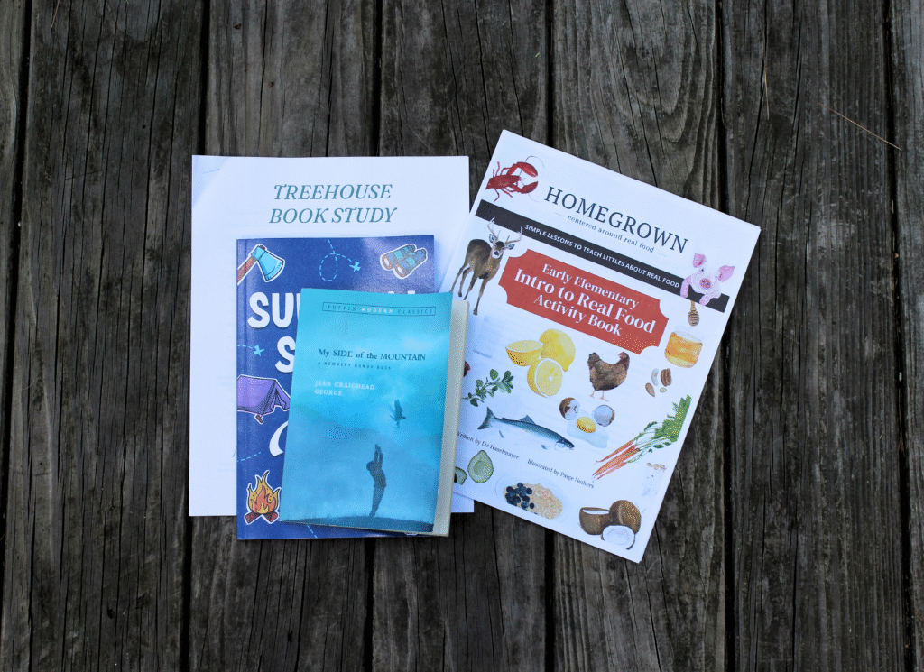 Summer learning materials placed on a picnic table