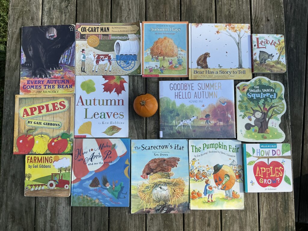 Autumn stories laid out on a picnic table