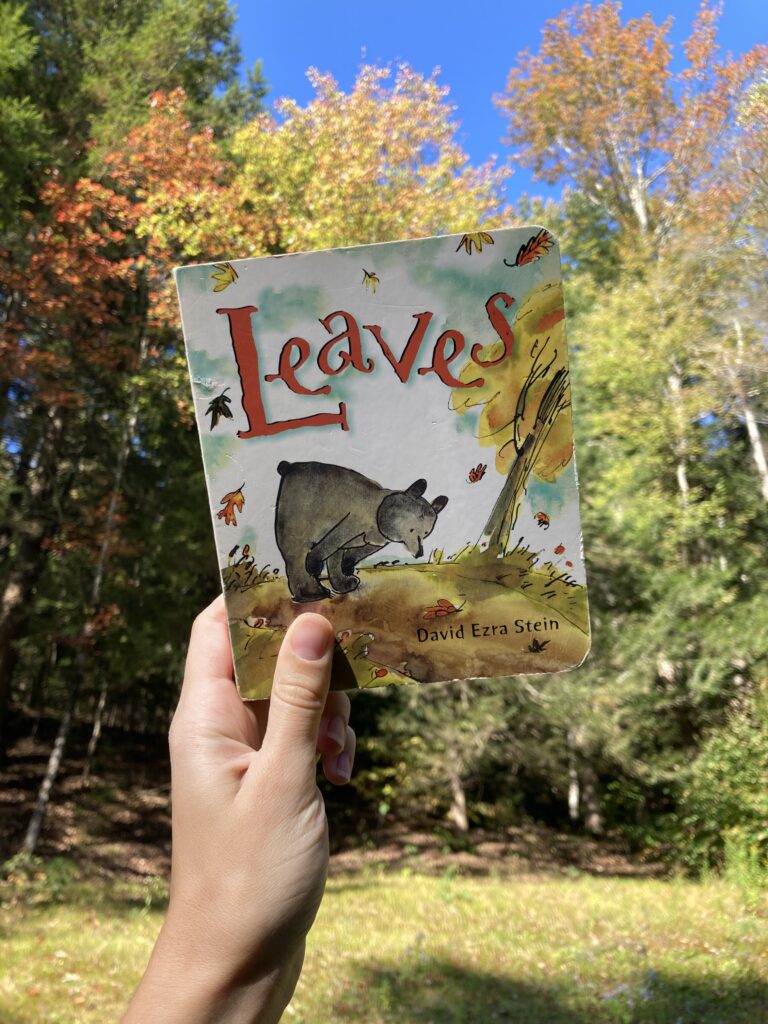 Hand holding up an autumn picture book with a blue sky background