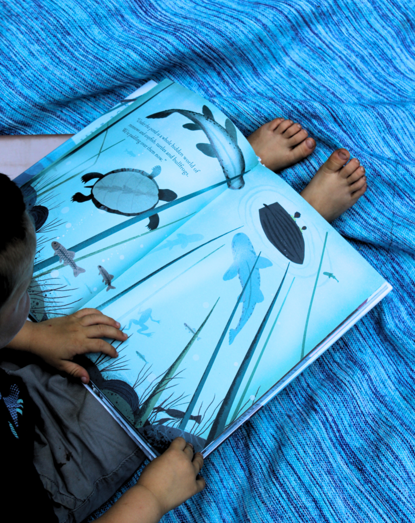 Small boy sitting on a blanket reading a picture book