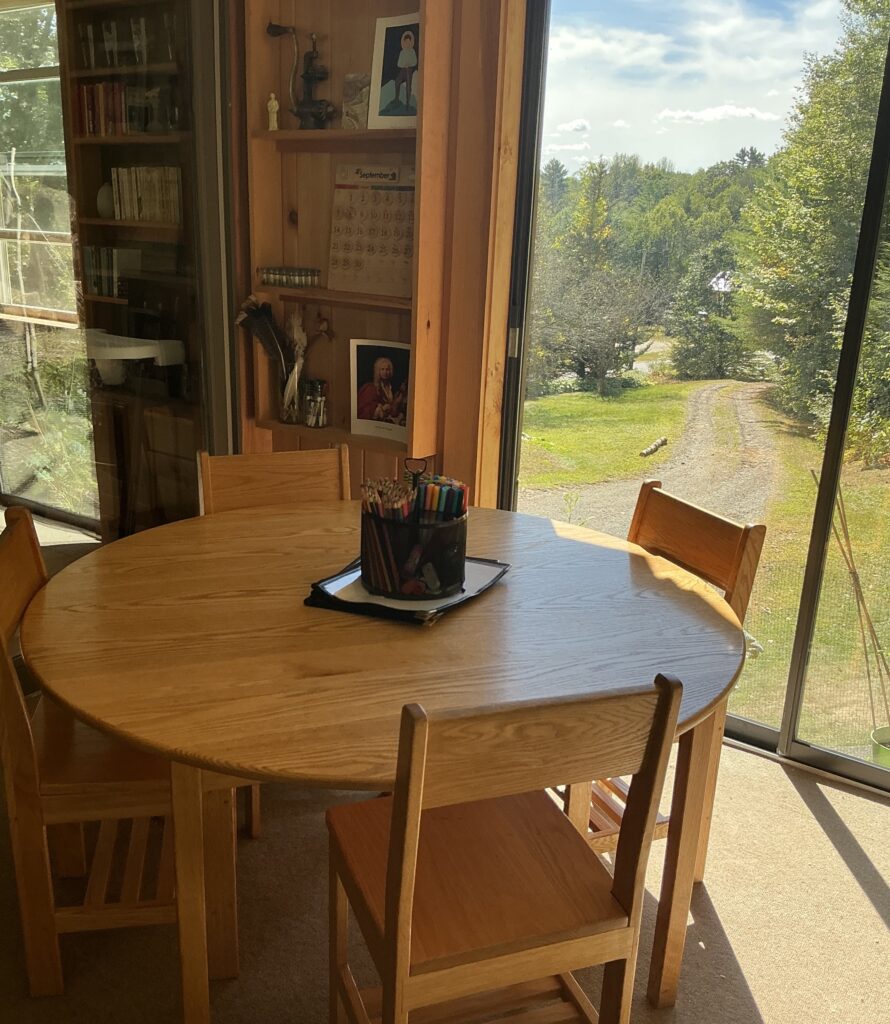 sunny picture of a school table with markers and pencils on it.