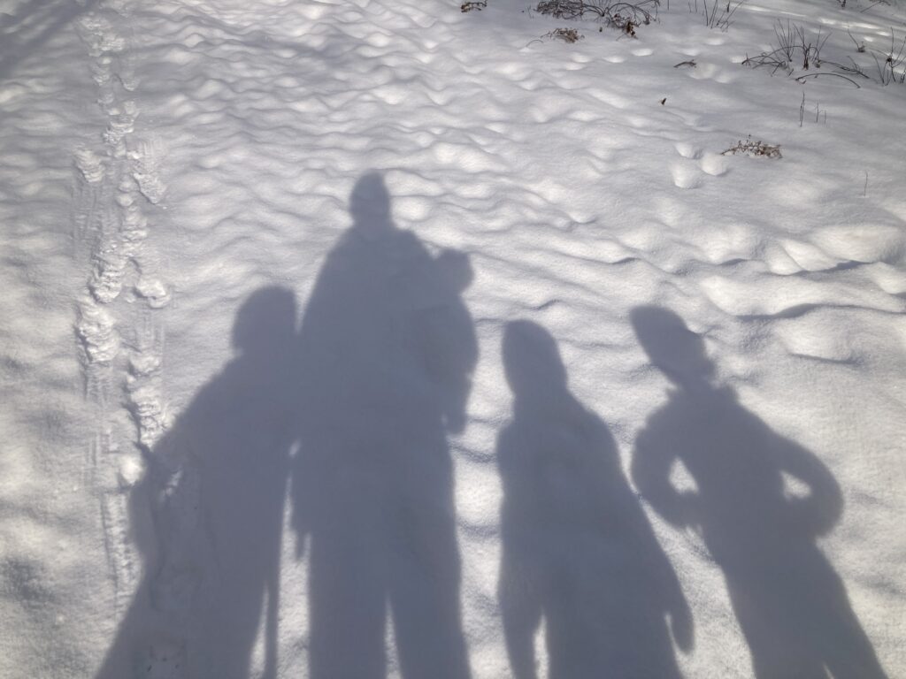 Mom and 4 kid shadows in the snow